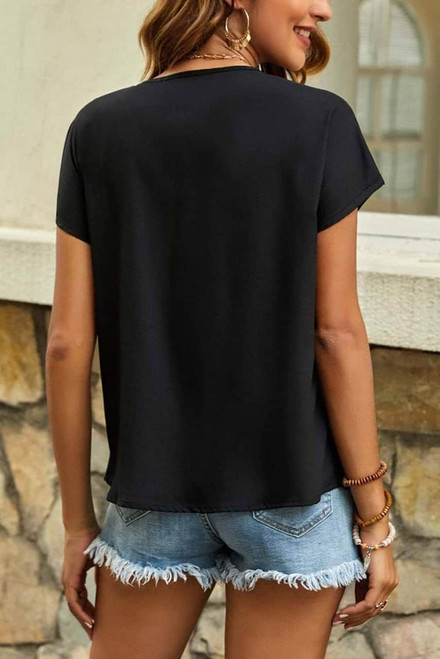 Black Geometric Floret Embroidered Short Sleeve Blouse