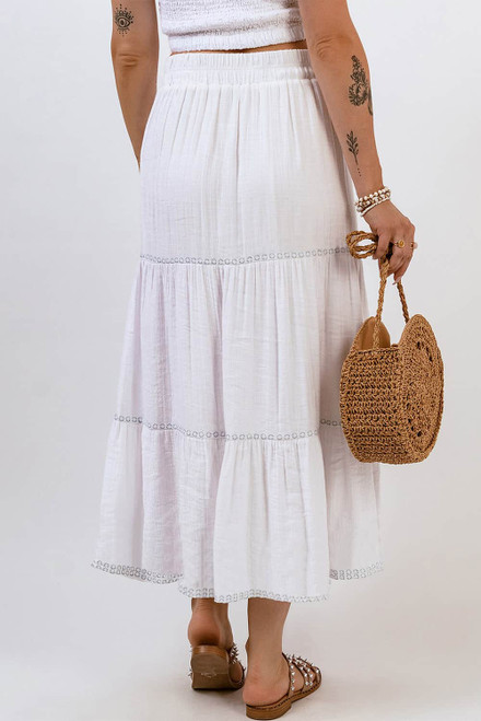 White Tiered Lace Crochet High Waist Maxi Skirt