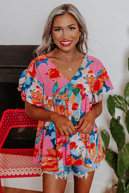 Pink Abstract Print V Neck Flutter Sleeve Blouse Pink Abstract Print V Neck Flutter Sleeve Blouse