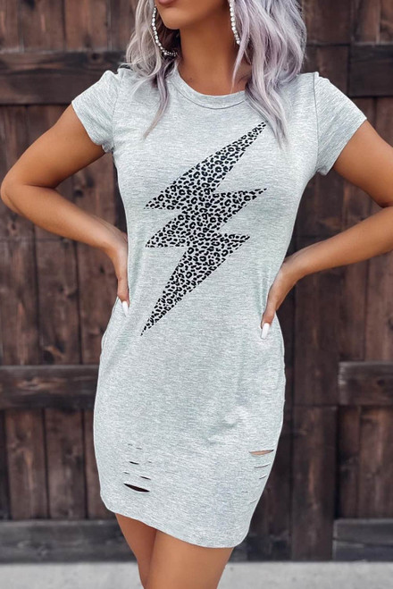 Gray Distressed Leopard Lightening Graphic T-shirt Dress
