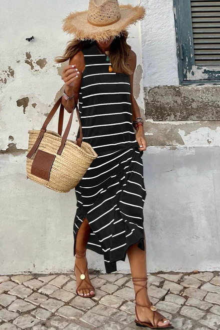 Black Stripe Print Open Back Sleeveless Maxi Dress with Slits