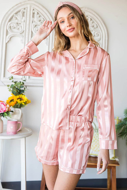 Pink Striped Print Buttoned Shirt and Drawstring Shorts Lounge Set Pink Striped Print Buttoned Shirt and Drawstring Shorts Lounge Set