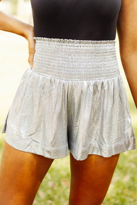 Gray Metallic Sheen Smocked High Waist Shorts