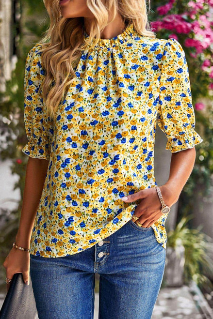 Yellow Boho Floral Ruffle Short Sleeve Frill Mock Neck Blouse