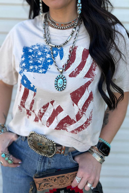 White American Flag Star Graphic Print Crew Neck T Shirt