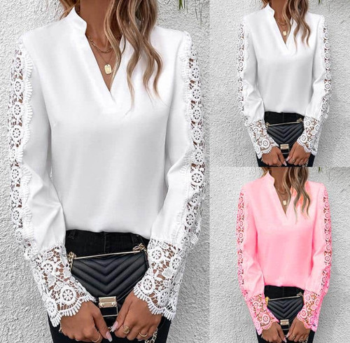 Solid Color Lace V-neck Cardigan Women's Clothes Shirt