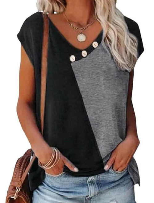 New Women's Stitching Contrast Color V-neck Button T-shirt Women