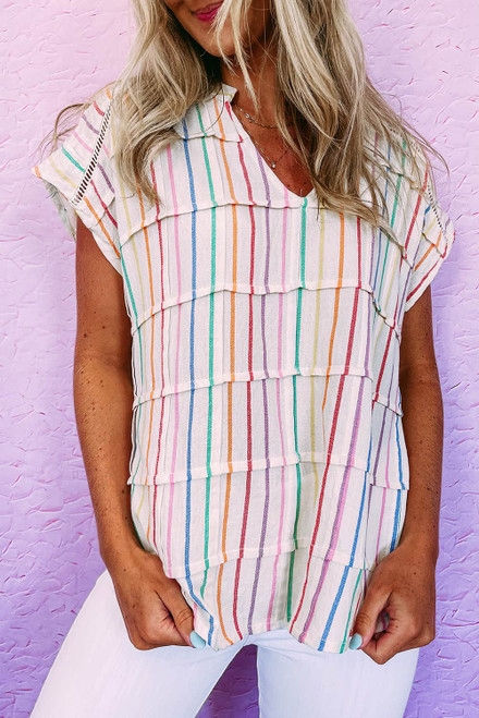 Multicolor Striped Pintuck Tiered Cap Sleeve Blouse