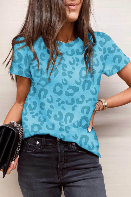 Sky Blue Leopard Print Crew Neck Short Sleeve T Shirt