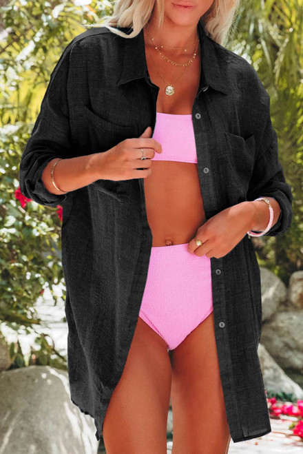 Black Lightweight Shirt Style Beach Cover Up