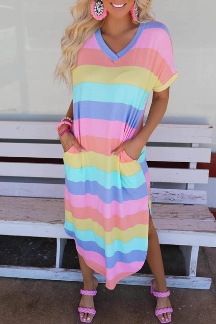 Multicolor Striped Side Split Pockets V Neck T Shirt Midi Dress