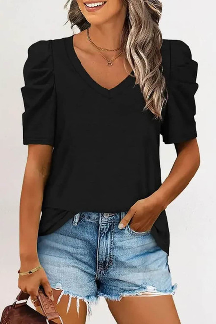 Black Puff Sleeve V-Neck T-Shirt