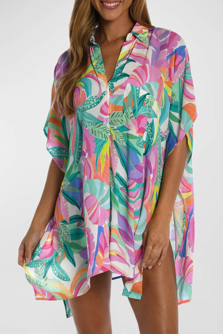 Multicolor Plant Print Button-up Half Sleeve Beach Cover Up