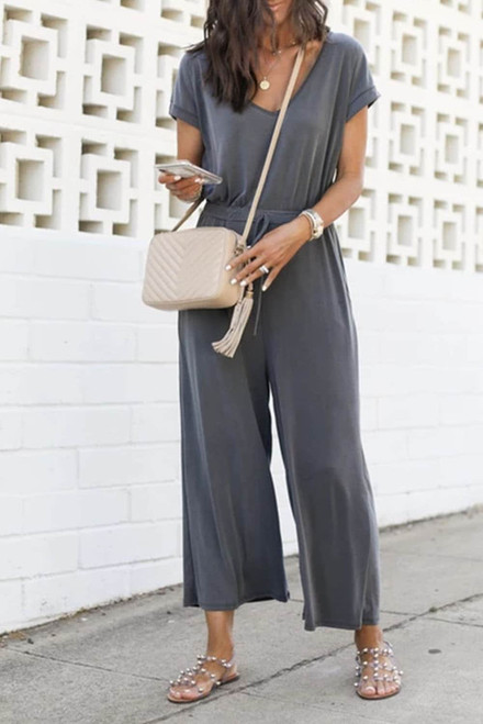 Gray Drawstring Waist Short Sleeve Wide Leg Jumpsuit