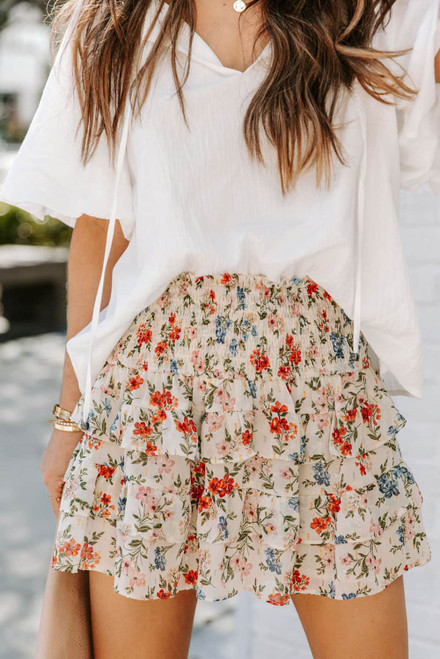 Beige Smocked High Waist Ruffle Tiered Floral Skirt