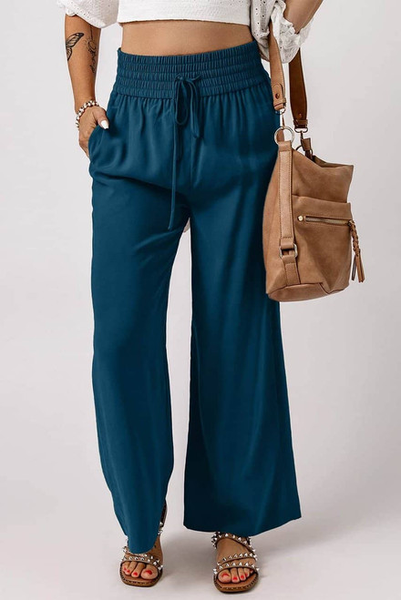Blue Drawstring Elastic Waist Casual Wide Leg Pants Blue Drawstring Elastic Waist Casual Wide Leg Pants