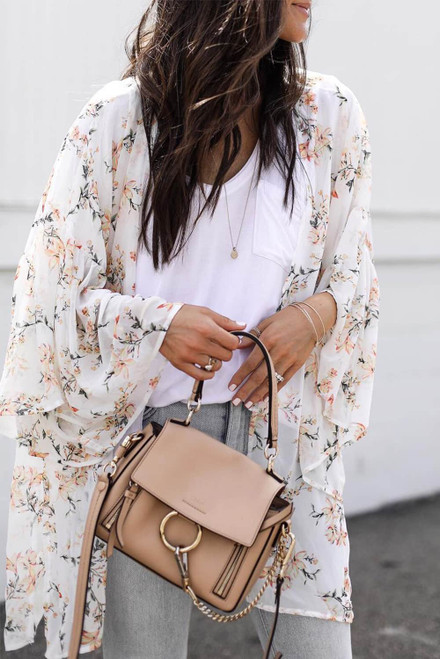 White Floral Print Ruffled Long Sleeves Kimono