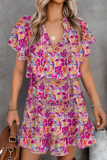 Multicolor Floral Print Tie V Neck Ruffle Mini Dress