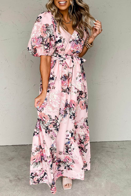 Pink Floral Puff Sleeve High Waist Maxi Dress