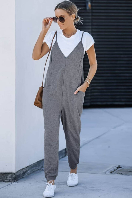 Gray Textured Sleeveless V-Neck Pocketed Casual Jumpsuit Gray Textured Sleeveless V-Neck Pocketed Casual Jumpsuit