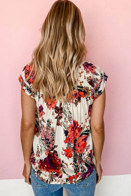 Red Floral Short Sleeve Round Neck Blouse Red Floral Short Sleeve Round Neck Blouse