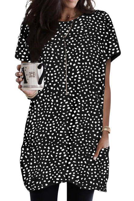 Black Leopard Print Side Pockets Tunic Top