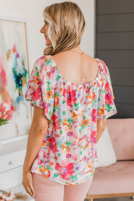 Multicolor Watercolor Floral Square Neck Ruffle Sleeve Blouse Multicolor Watercolor Floral Square Neck Ruffle Sleeve Blouse