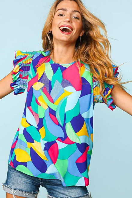 Multicolor Abstract Print Stitching Ruffle Sleeve Blouse Multicolor Abstract Print Stitching Ruffle Sleeve Blouse
