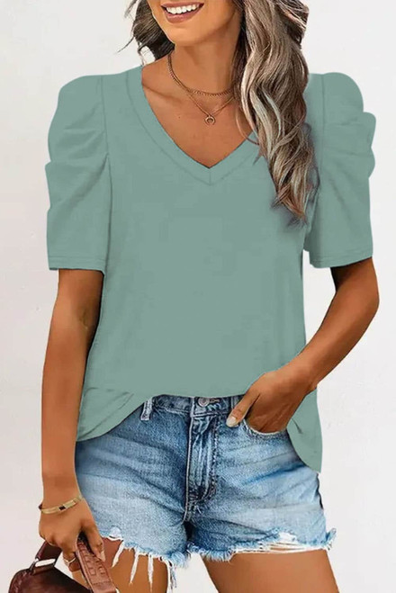 Green Puff Sleeve V-Neck T-Shirt Green Puff Sleeve V-Neck T-Shirt
