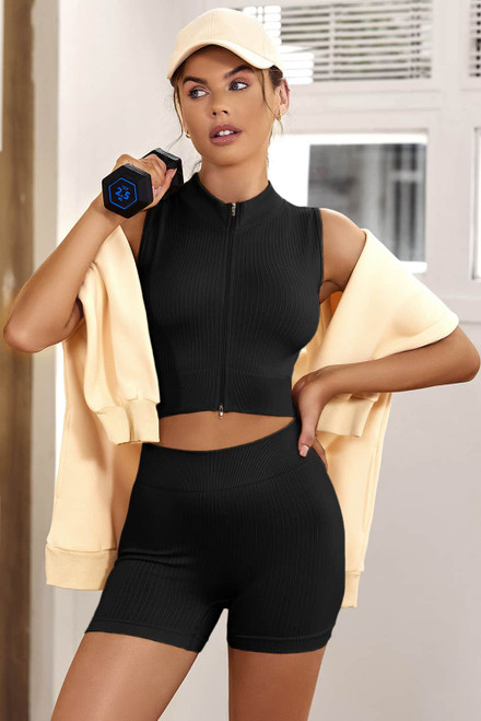 Black Solid Color Zip up Sleeveless Active Crop Top