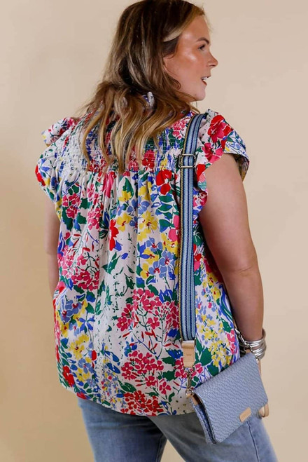 Red Plus Floral Print Ruffle Cap Sleeve V Neck Blouse Red Plus Floral Print Ruffle Cap Sleeve V Neck Blouse