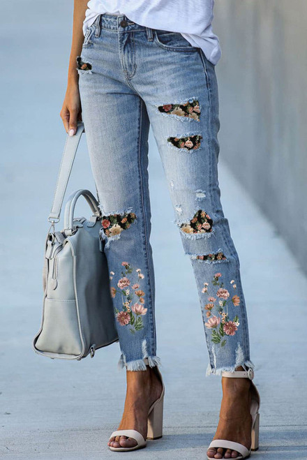 Sky Blue Printed Patch Ripped Skinny Jeans