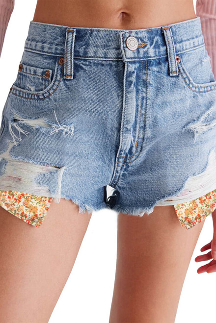 Sky Blue Floral Knit Insert Distressed Raw Hem Denim Shorts