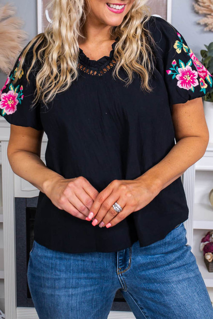 Black Floral Embroidered Bubble Sleeve Frill V Neck Top