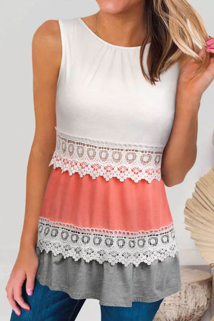 White Crochet Lace Trim Color Block Tank Top