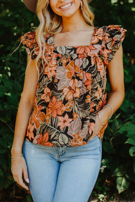 Brown Floral Flutter Sleeves Square Neck Blouse