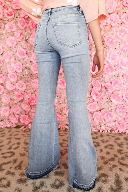 Sky Blue Light Wash Distressed High Rise Flare Jeans