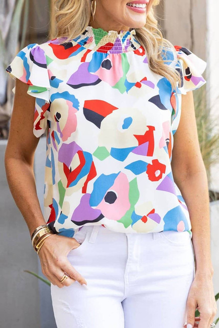 Multicolor Abstract Print Ruffle Sleeve Smocked Blouse Multicolor Abstract Print Ruffle Sleeve Smocked Blouse