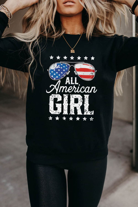 Black All American Girl Flag Graphic Print Long Sleeve Sweatshirt