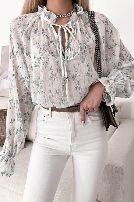 White Floral Tie Neck Long Sleeve Crinkle Blouse