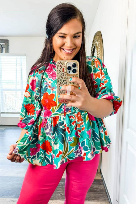 Multicolor Floral Tie Split Neck Plus Size Peplum Blouse
