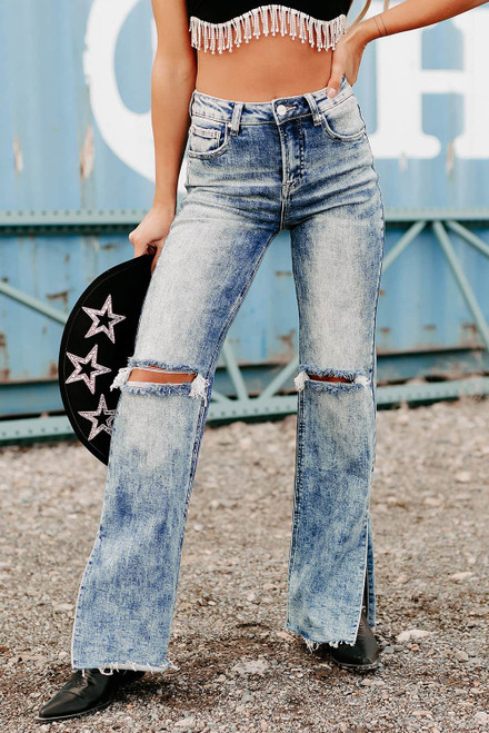 Sky Blue Vintage Distressed Split Hem Straight Leg Jeans Sky Blue Vintage Distressed Split Hem Straight Leg Jeans