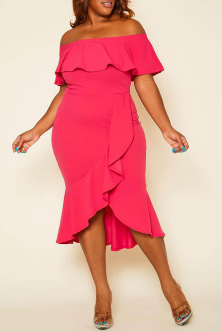 Rose Ruffled Off Shoulder High Low Plus Size Dress