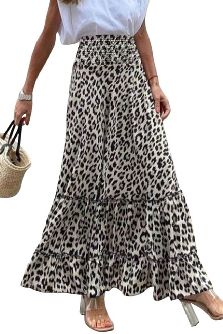 Leopard Embellished High Waist Frill Tiered Maxi Skirt