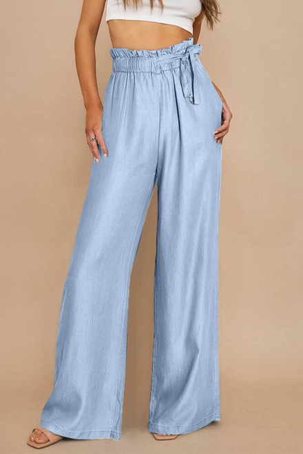 Sky Blue High Waist Pocketed Wide Leg Tencel Jeans