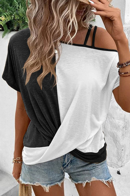 Black Asymmetric Colorblock Strappy Cold Shoulder Twist Hem Top