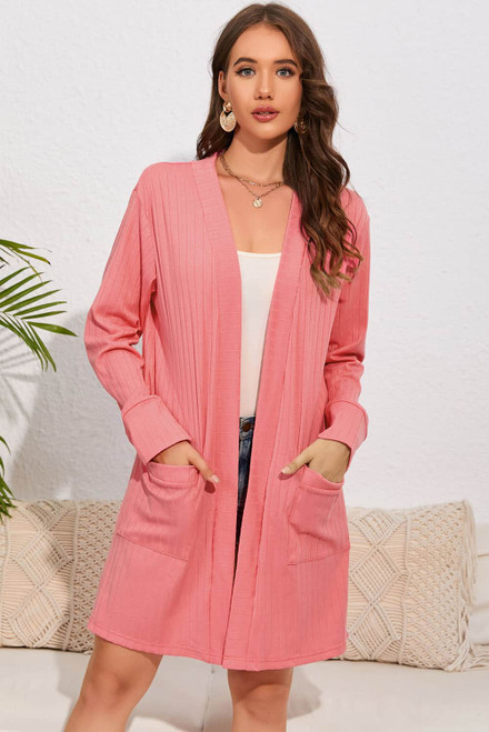 Pink Open Front Pocketed Knit Cardigan