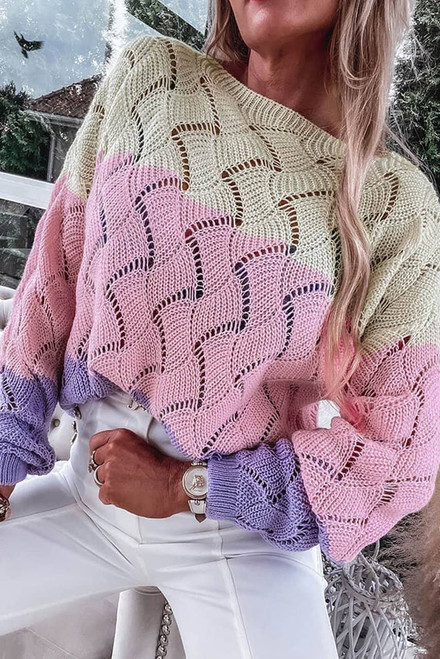 Pink Color Block Hollow Knitted Loose Sweater Pink Color Block Hollow Knitted Loose Sweater