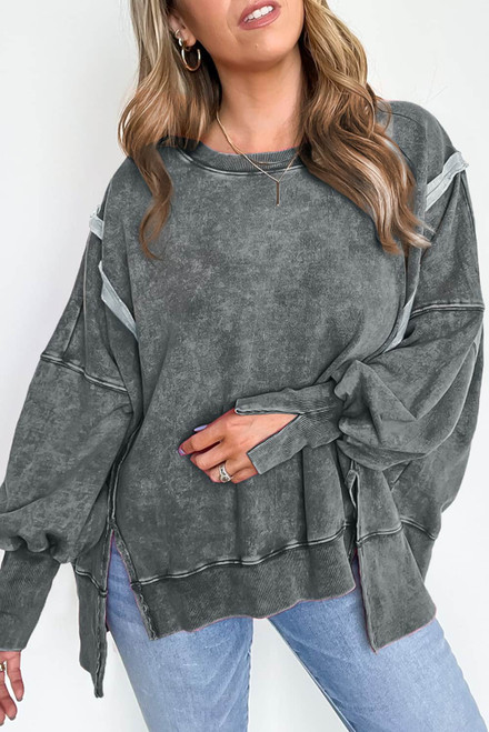 Gray Acid Wash Relaxed Fit Seamed Pullover Sweatshirt with Slits