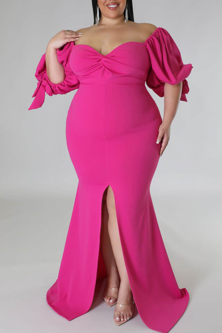 Rose Bow Tie Puff Sleeve Plus Size High Slit Maxi Dress